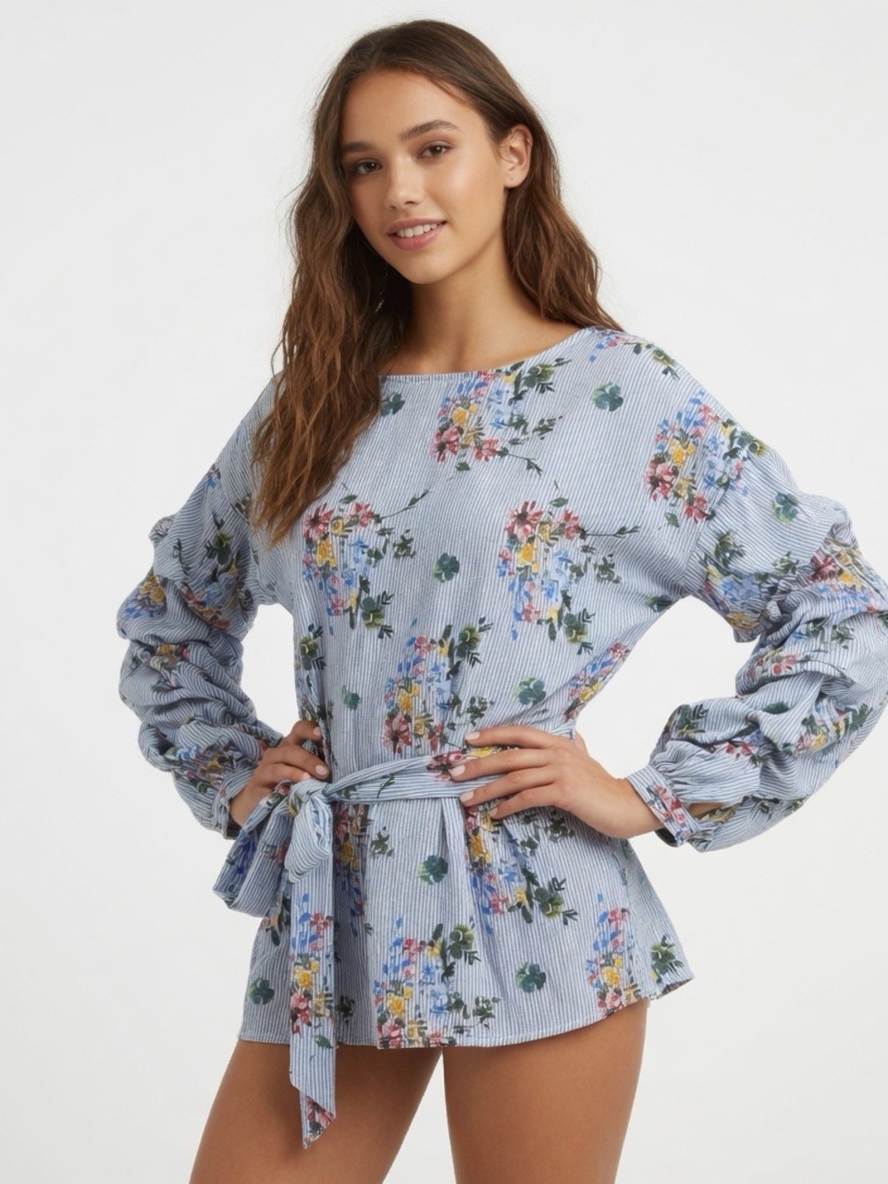 New floral ruffled long sleeve pinstripe top oversized Cottagecore prairie S